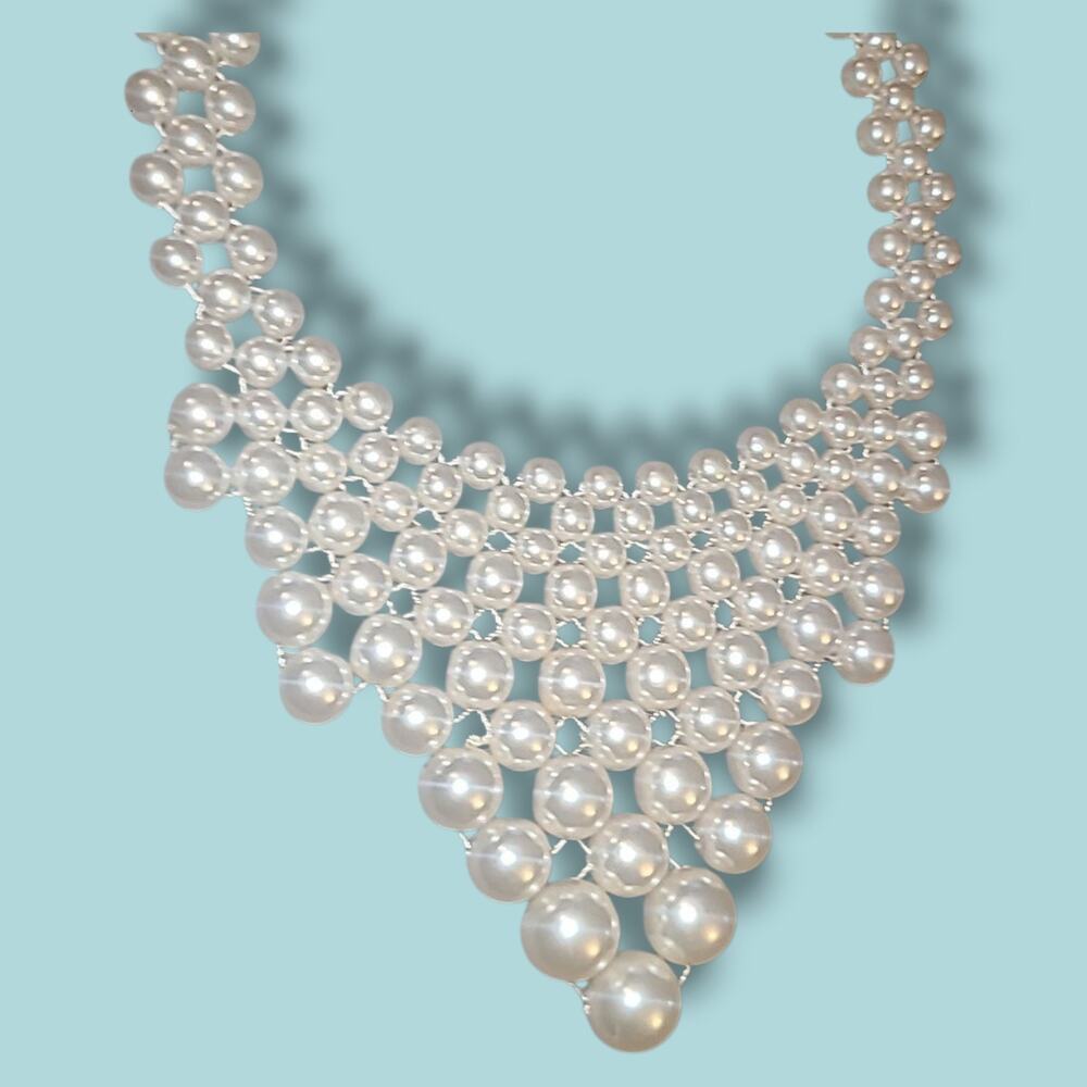 Vintage Rmn Faux Pearl Beaded Collar Bib Statement‎ Necklace